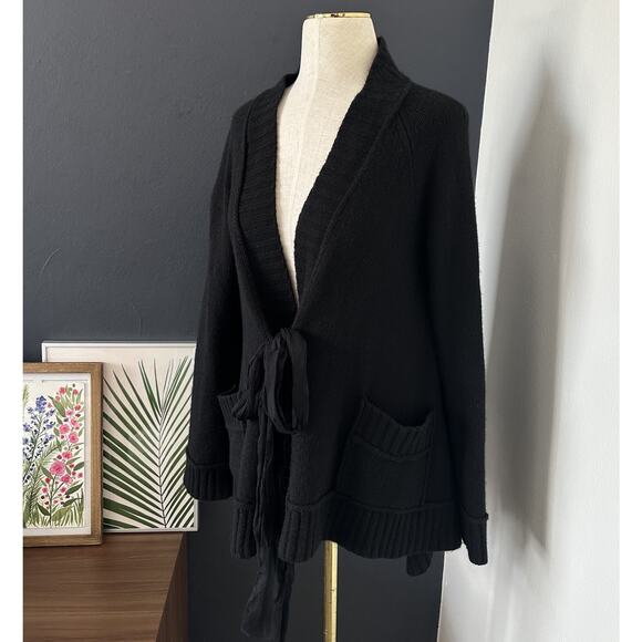 DONNA KARAN Black Label Cashmere Cardigan Silk Front Ties Long Sleeve Pockets - Picture 2 of 10